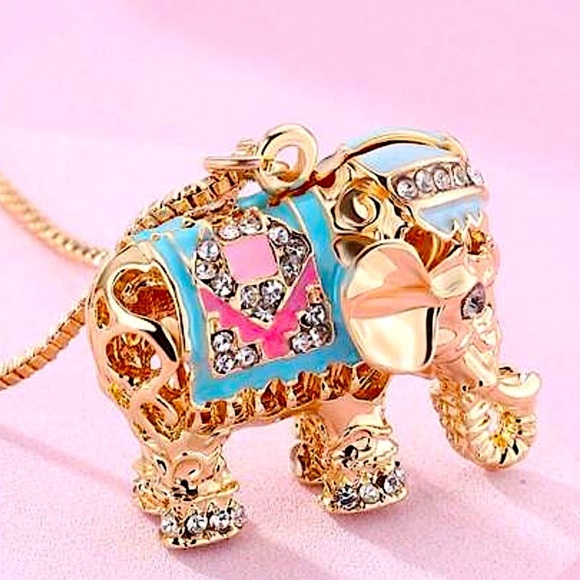 Gold-Plated Elephant Charm Necklace Symbol Strength Wisdom Rhinestone Multicolor - Picture 2 of 7